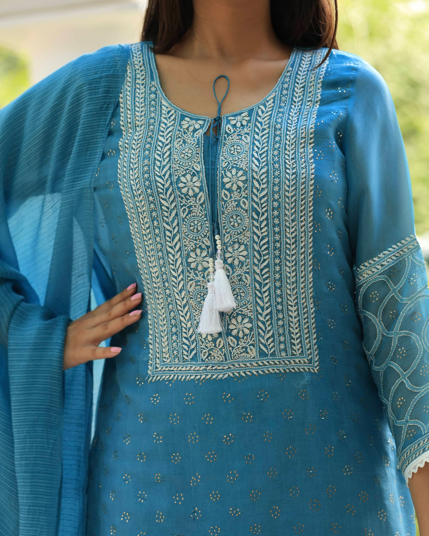 Blue Mukaish Kamdani Noor Organza Chikankari Kurta Set