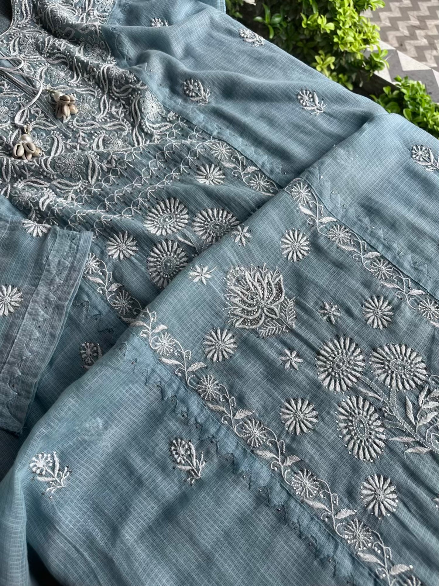 Blue Semi Stitched Kota Chikankari Kurta Dupatta Set With All Over Mukaish Kamdani Work