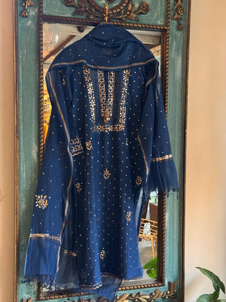 Blue Shade Mukaish Kamdani Mul Chanderi Straight Cut Kurta Set
