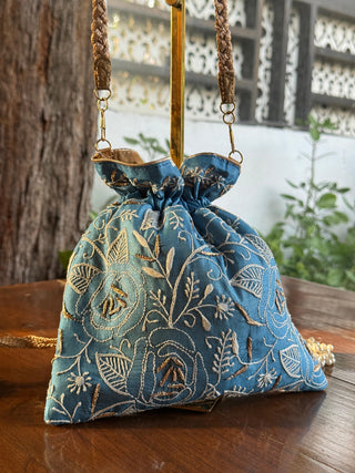 Blue Shade Raw Silk Chikankari Polti Bag
