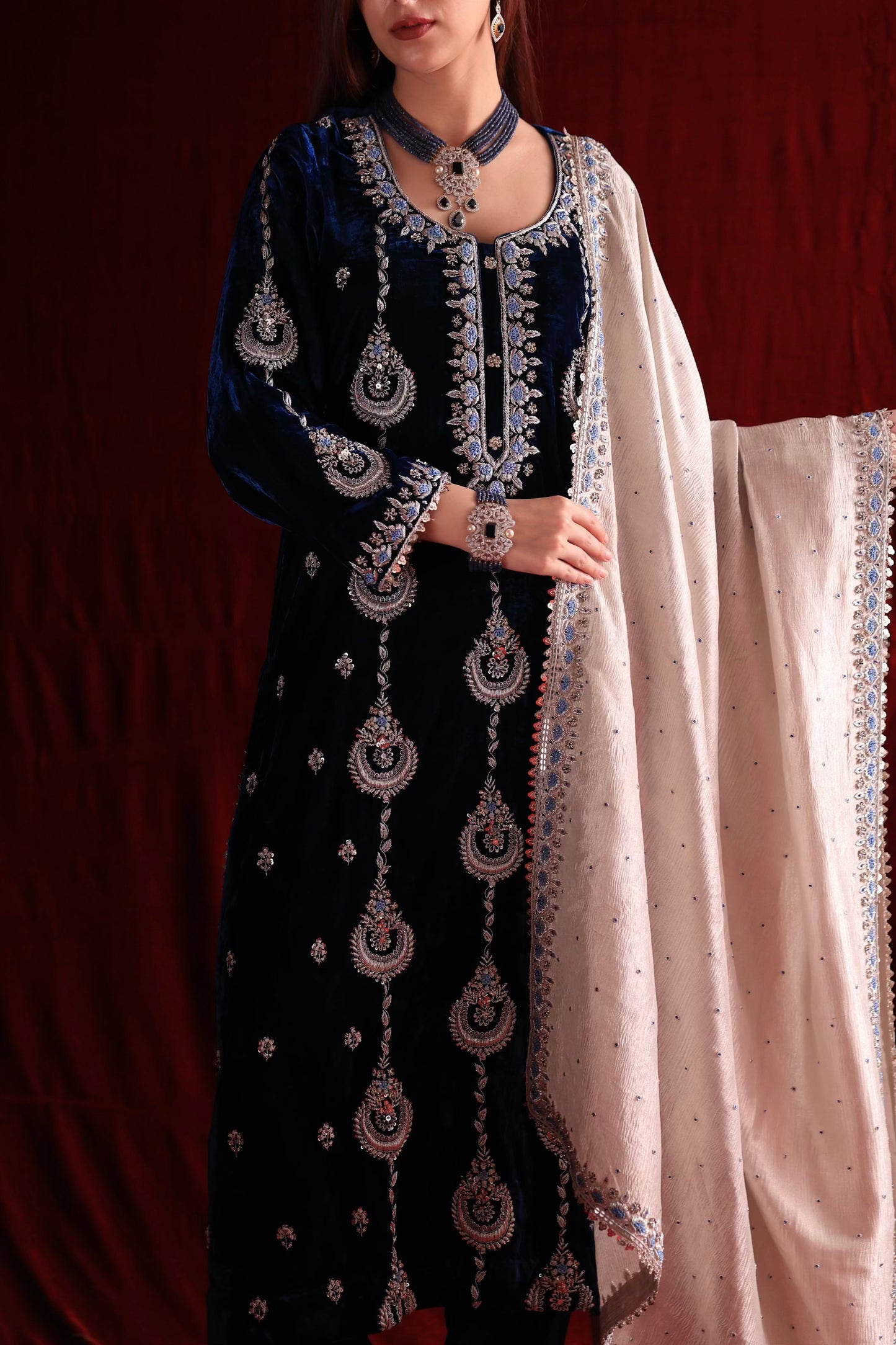 Blue Shade | Saman Velvet Ready To Wear Kurta Set