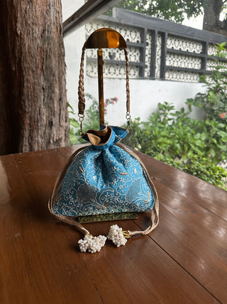 Blue Shade Tussar Silk Chikankari Ari & Kasab Work Potli Bag