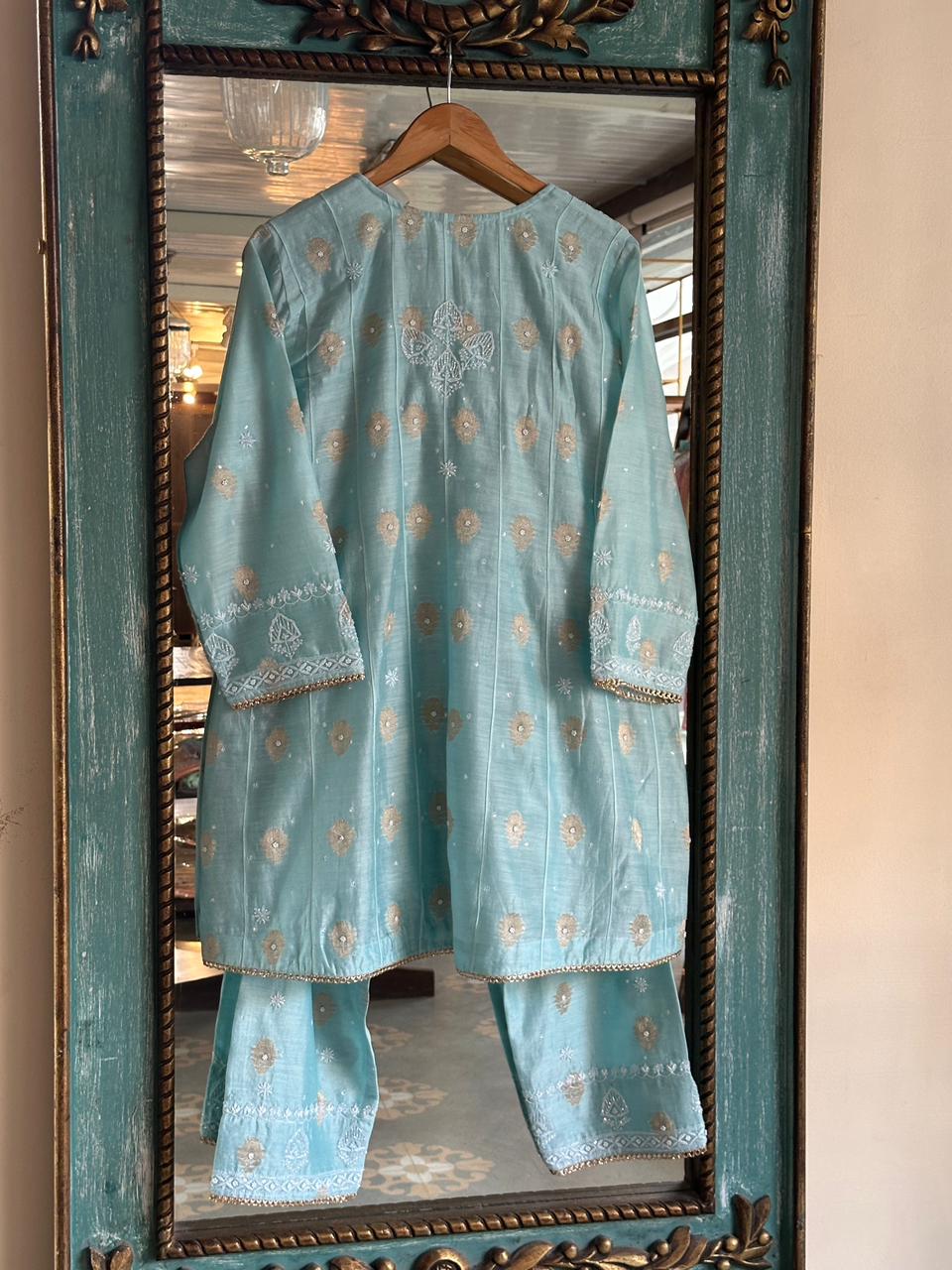 Blue Zari Chanderi Chikankari Co-Ord Set