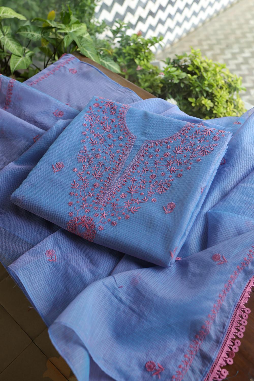Blue & Pink Kota Chikankari Unstitched Fabric