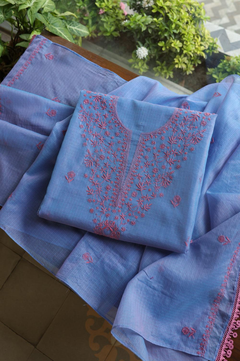 Blue & Pink Kota Chikankari Unstitched Fabric