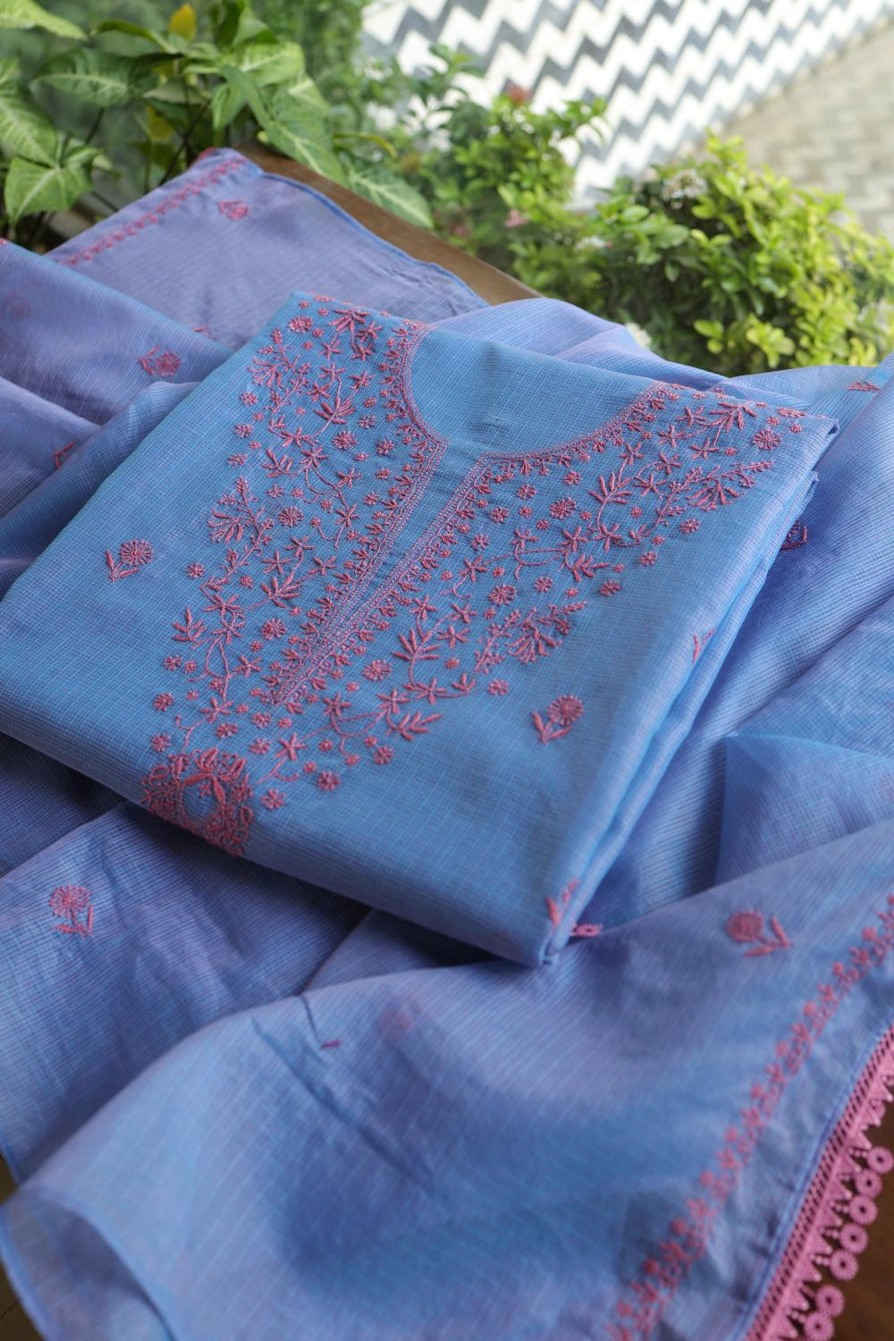 Blue & Pink Kota Chikankari Unstitched Fabric