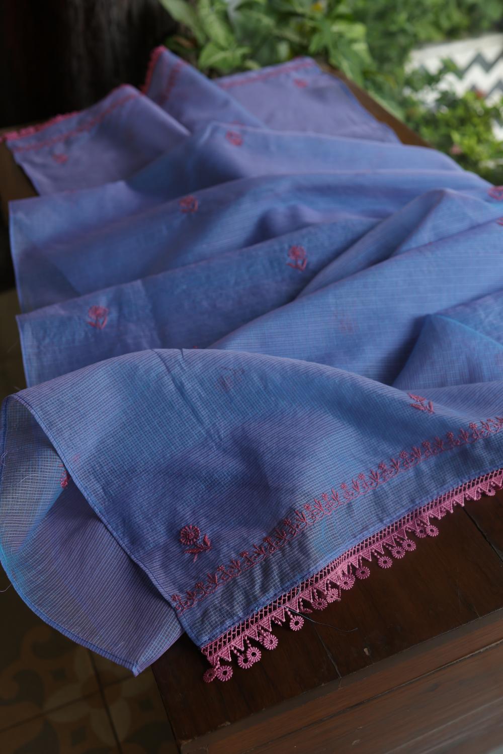 Blue & Pink Kota Chikankari Unstitched Fabric