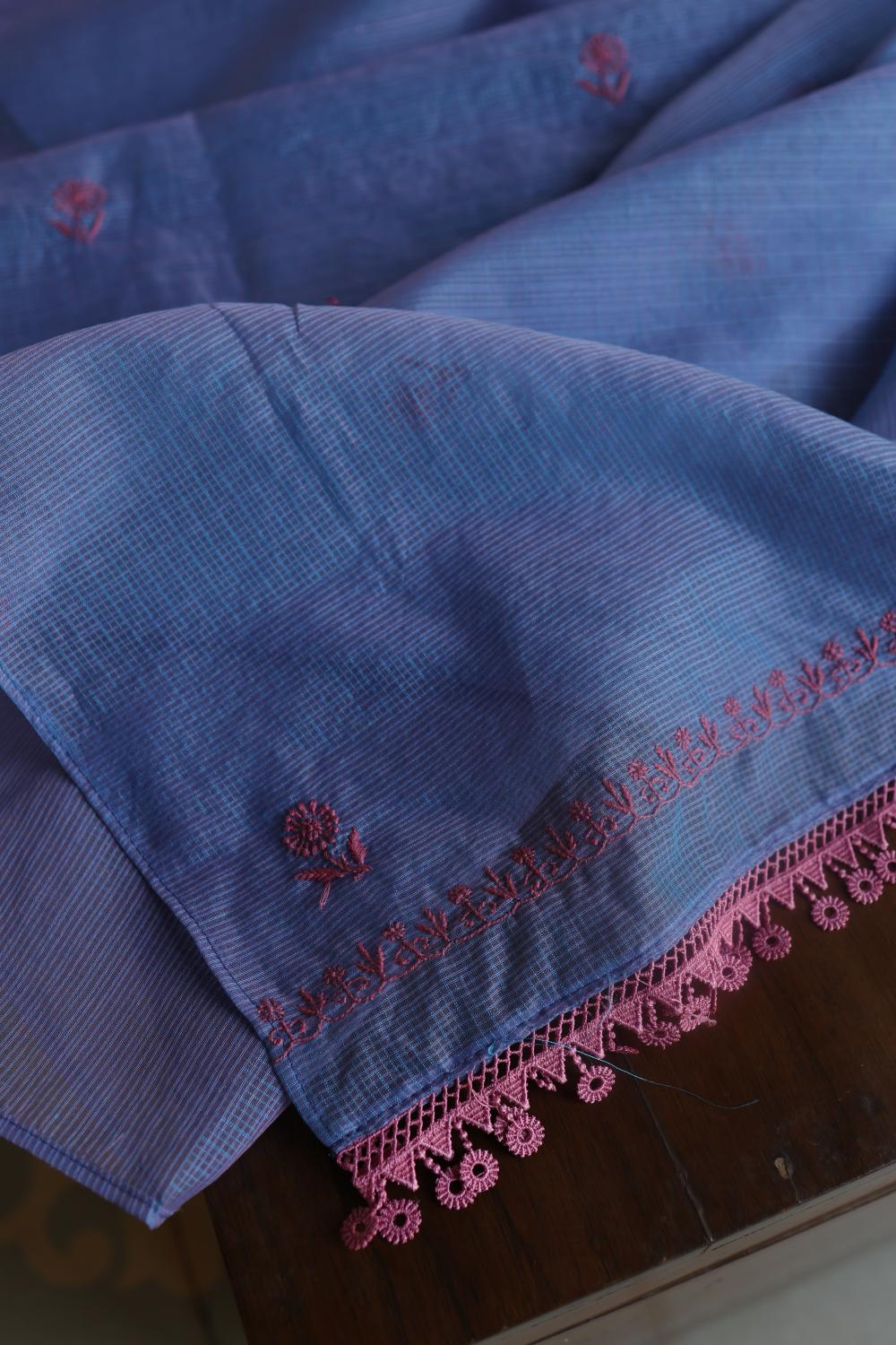 Blue & Pink Kota Chikankari Unstitched Fabric