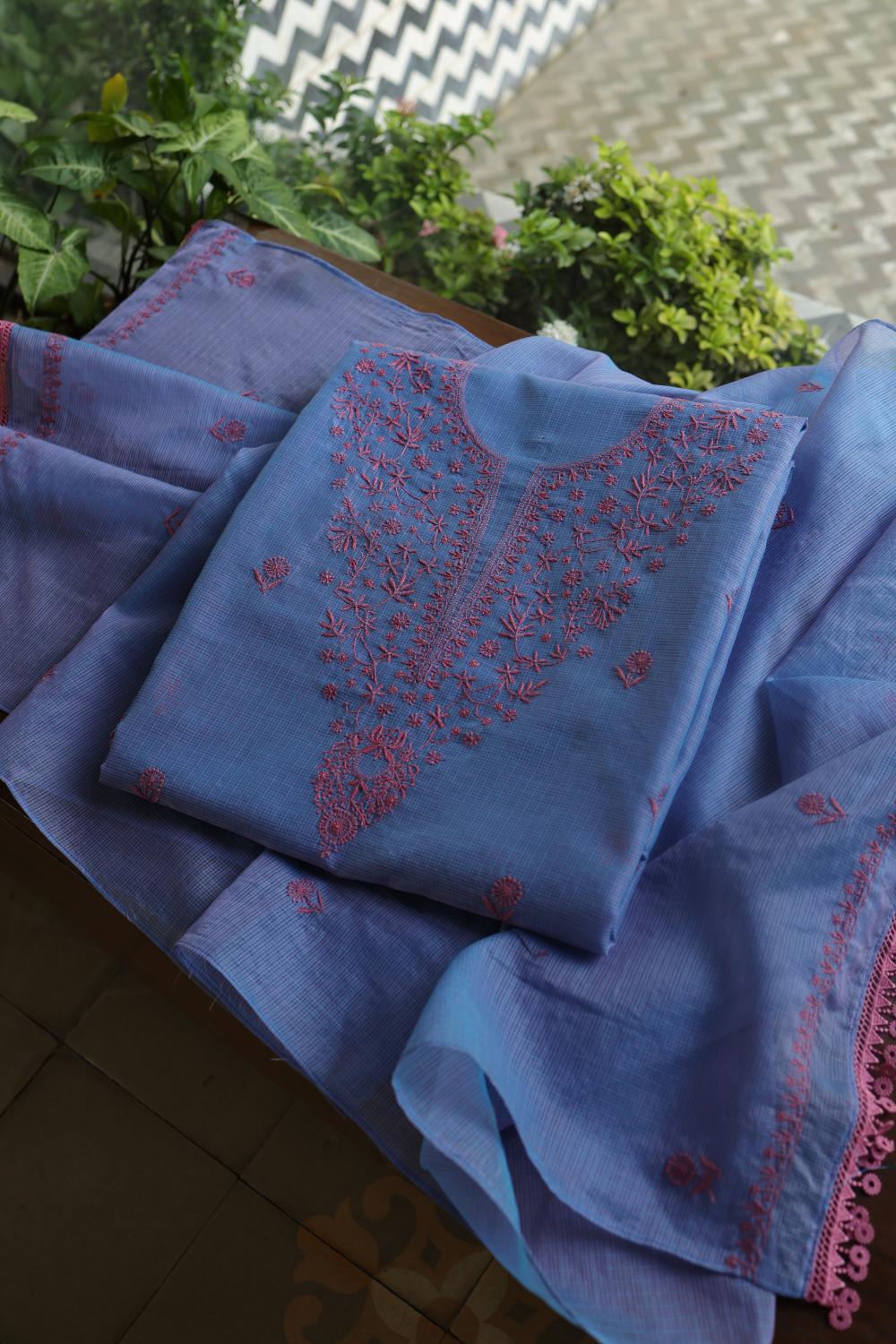 Blue & Pink Kota Chikankari Unstitched Fabric