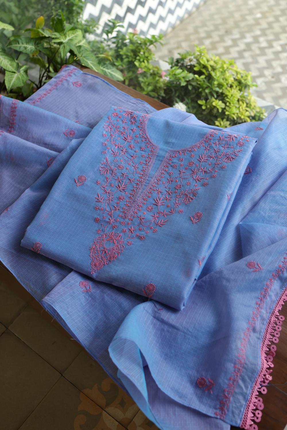 Blue & Pink Kota Chikankari Unstitched Fabric