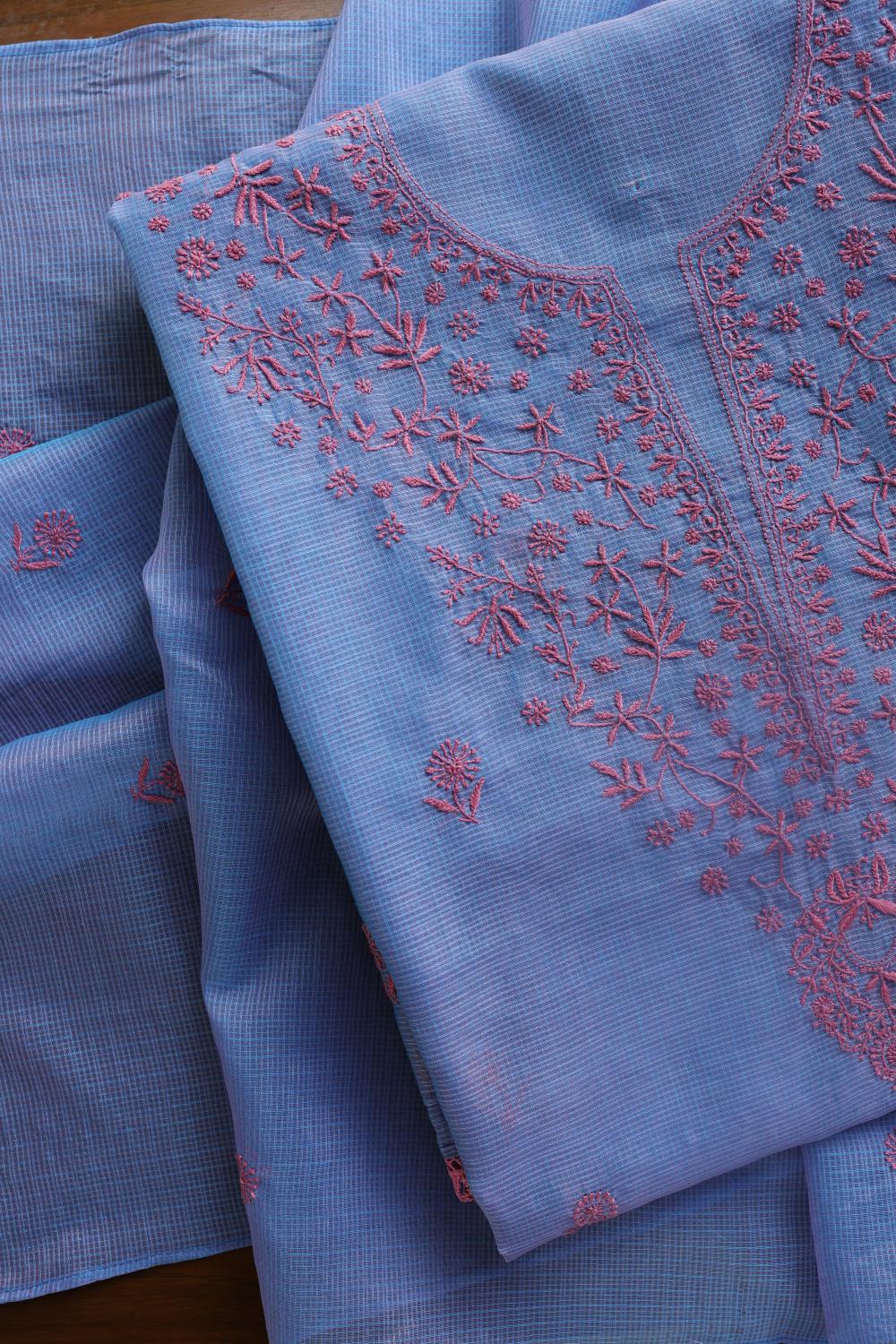 Blue & Pink Kota Chikankari Unstitched Fabric