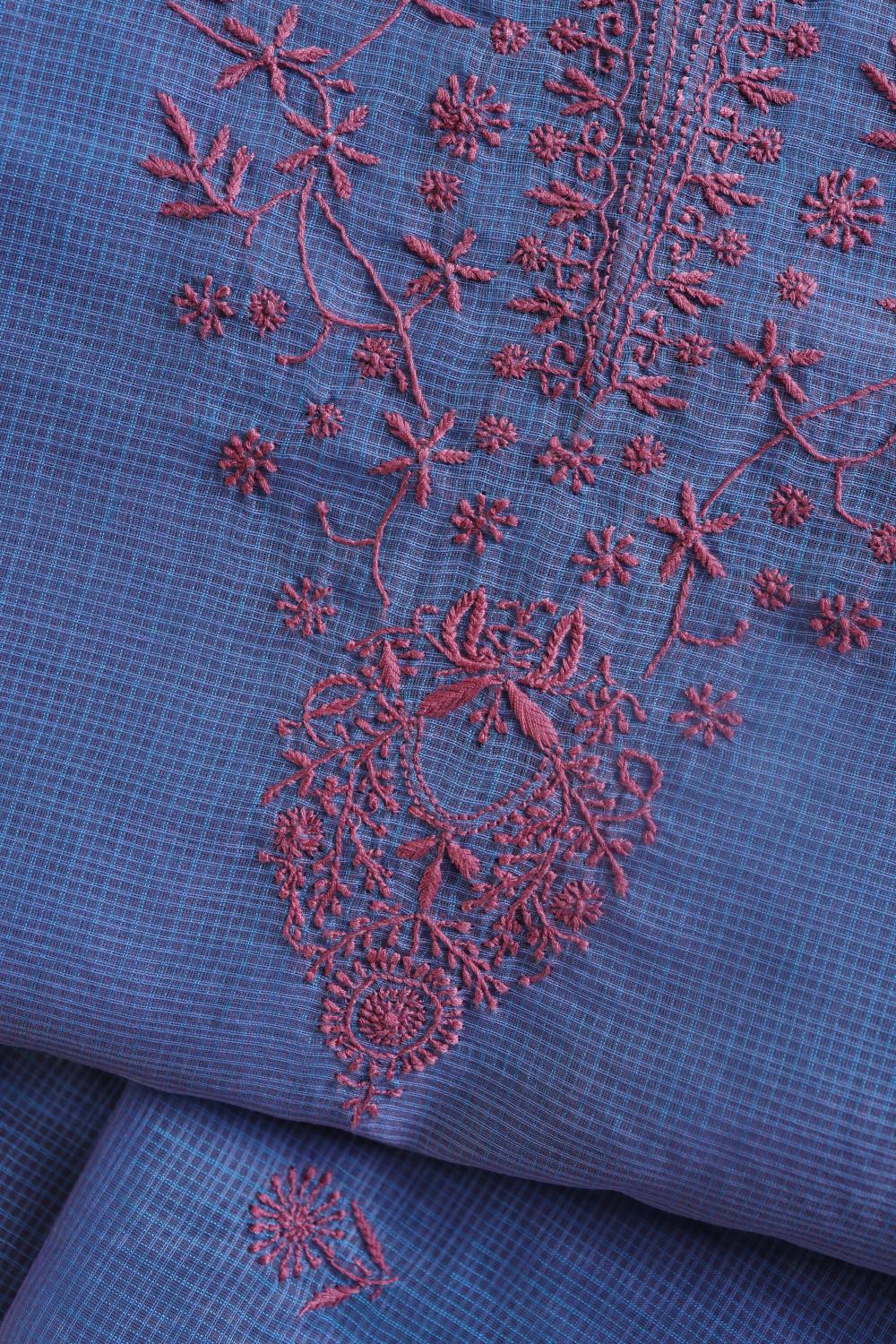 Blue & Pink Kota Chikankari Unstitched Fabric