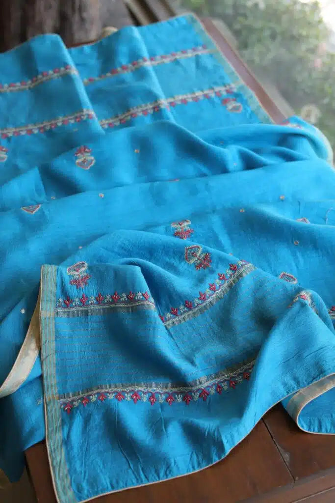 Blue & Pink Moonga Silk Chikankari Unstitched Fabric