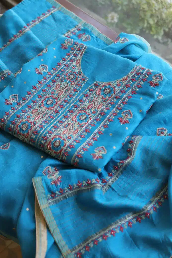 Blue & Pink Moonga Silk Chikankari Unstitched Fabric