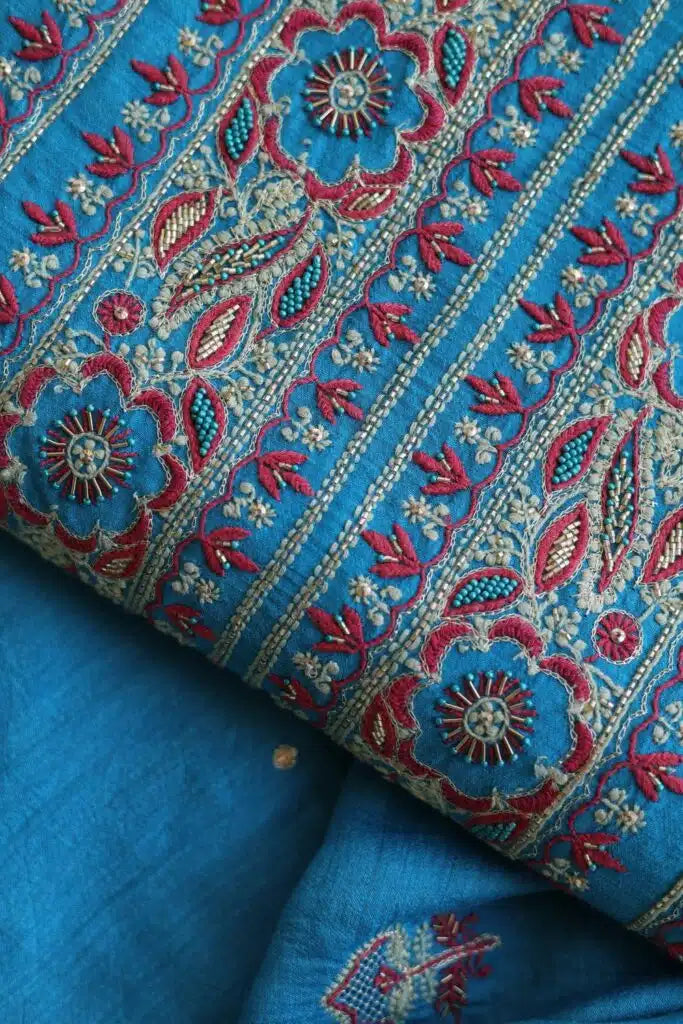 Blue & Pink Moonga Silk Chikankari Unstitched Fabric