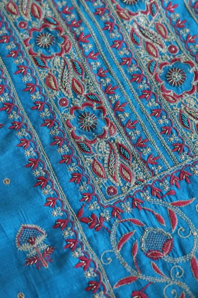 Blue & Pink Moonga Silk Chikankari Unstitched Fabric