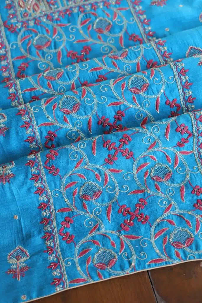 Blue & Pink Moonga Silk Chikankari Unstitched Fabric