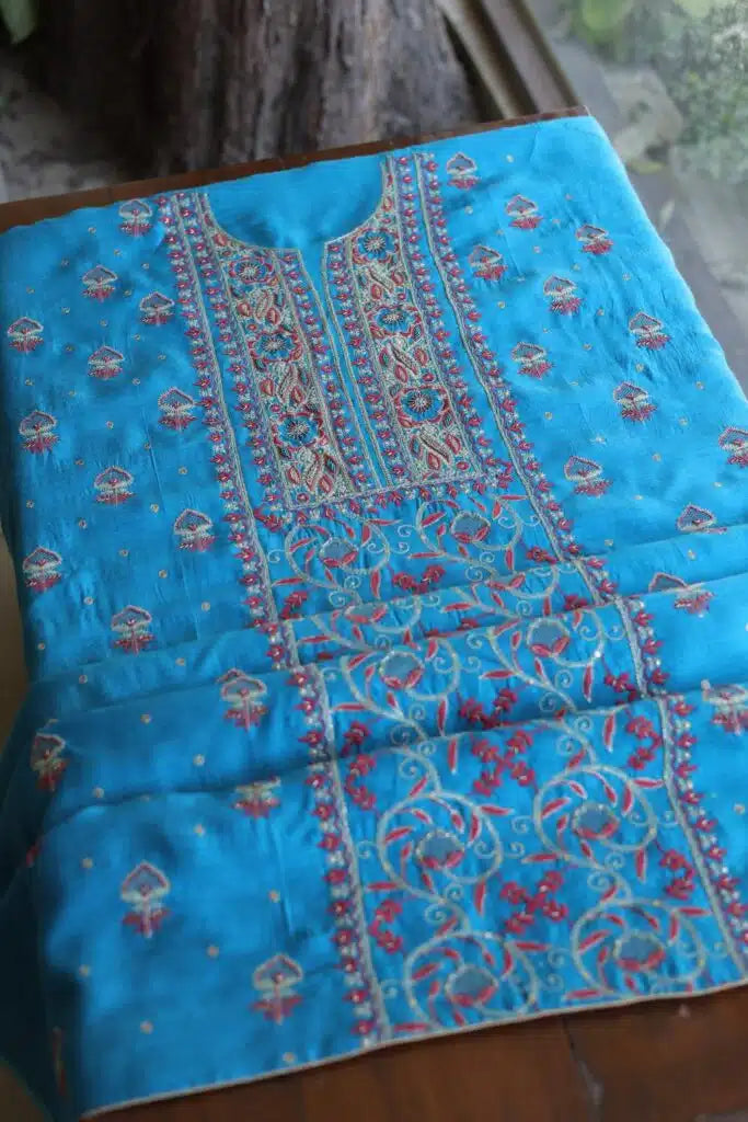 Blue & Pink Moonga Silk Chikankari Unstitched Fabric