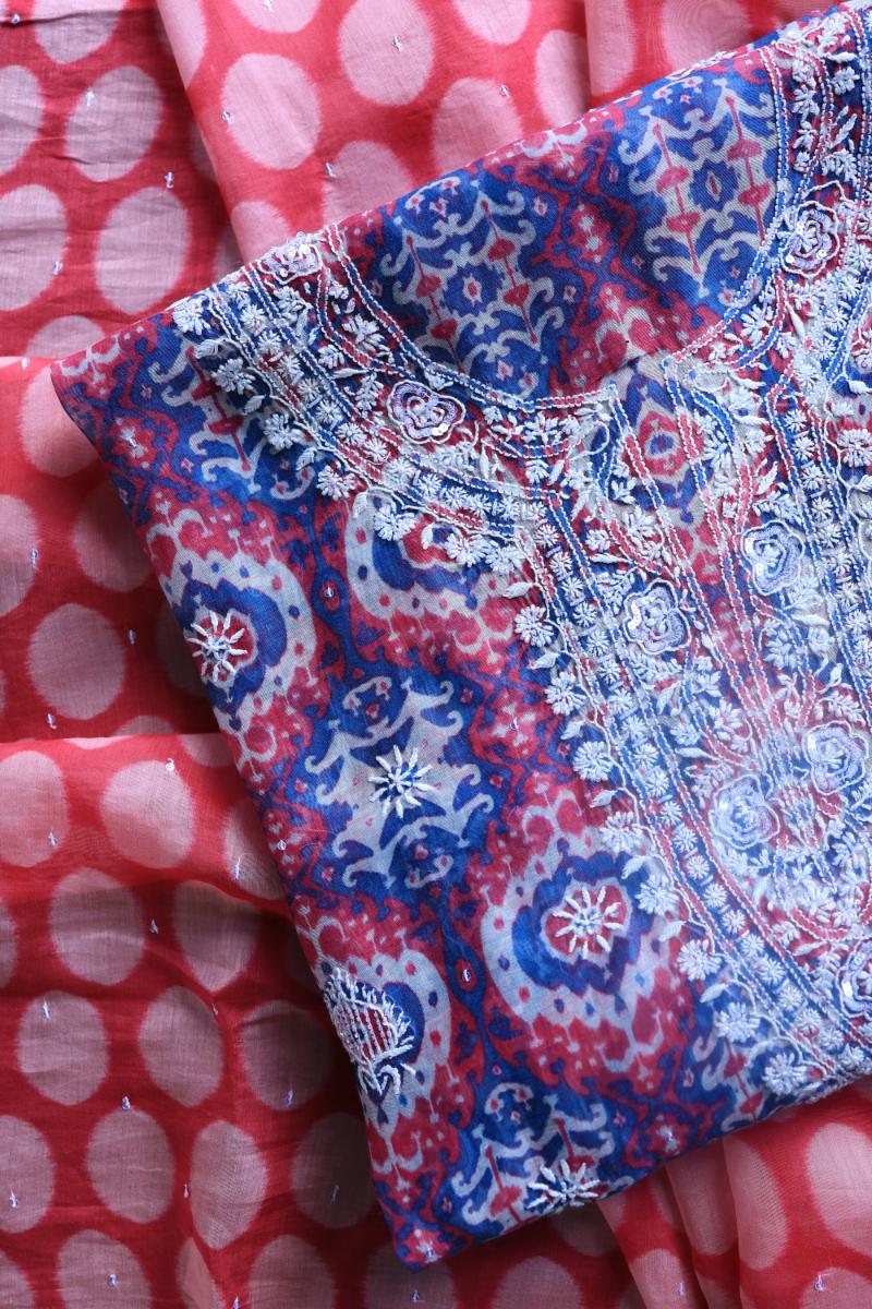 Blue & Pink Soft Cotton Printed Unstitched Kurta Dupatta Set with Chikankari & Sequin Work