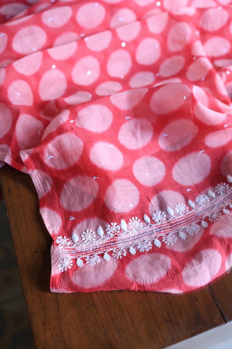 Blue & Pink Soft Cotton Printed Unstitched Kurta Dupatta Set with Chikankari & Sequin Work