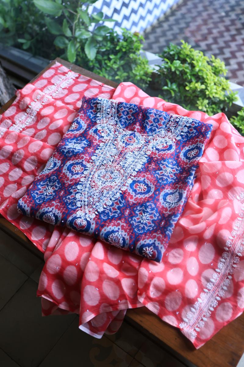 Blue & Pink Soft Cotton Printed Unstitched Kurta Dupatta Set with Chikankari & Sequin Work