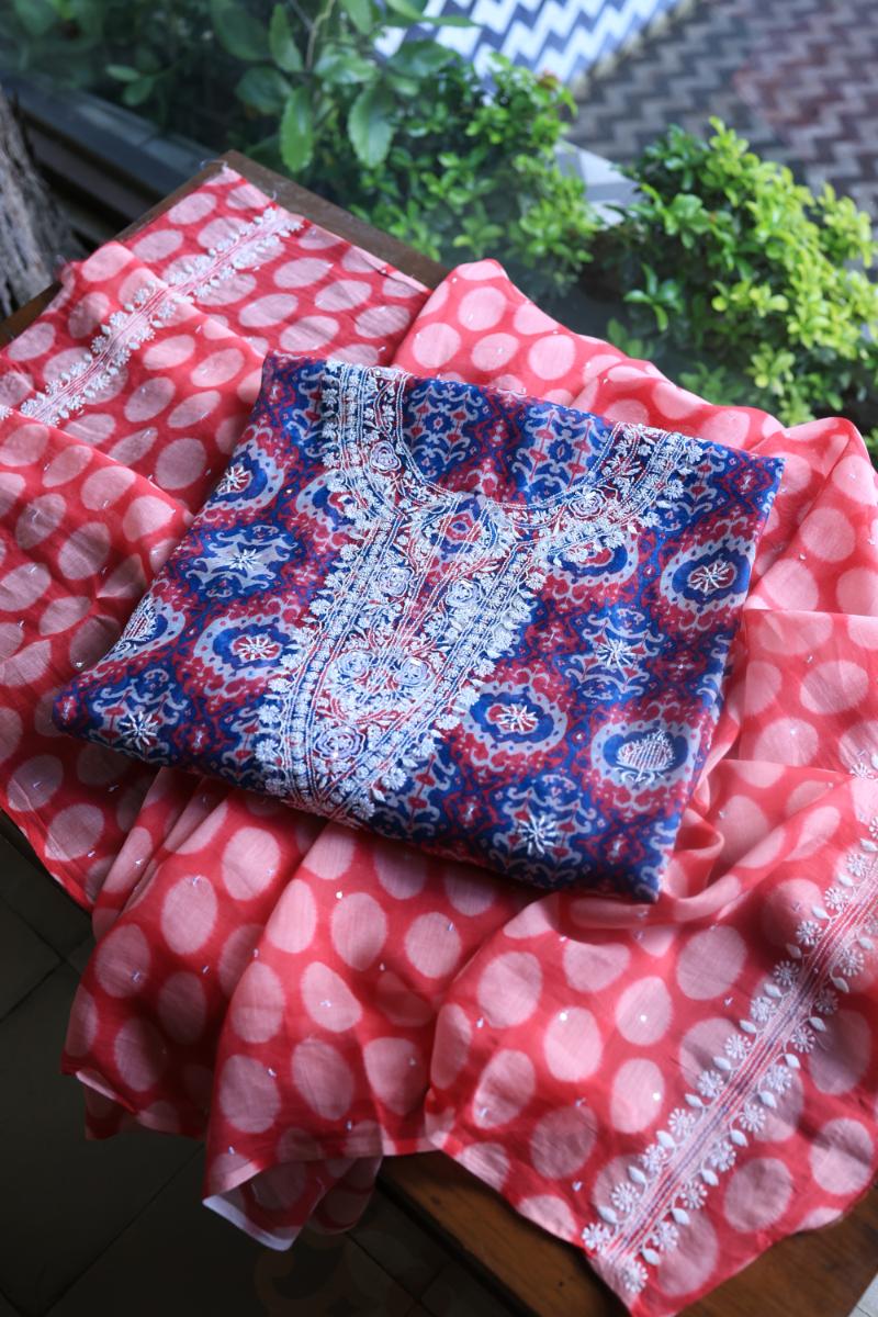 Blue & Pink Soft Cotton Printed Unstitched Kurta Dupatta Set with Chikankari & Sequin Work