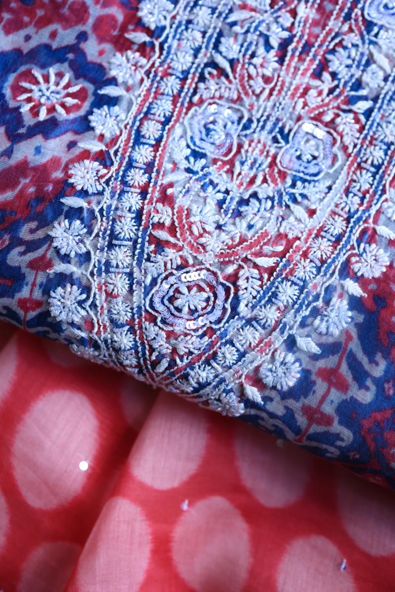 Blue & Pink Soft Cotton Printed Unstitched Kurta Dupatta Set with Chikankari & Sequin Work
