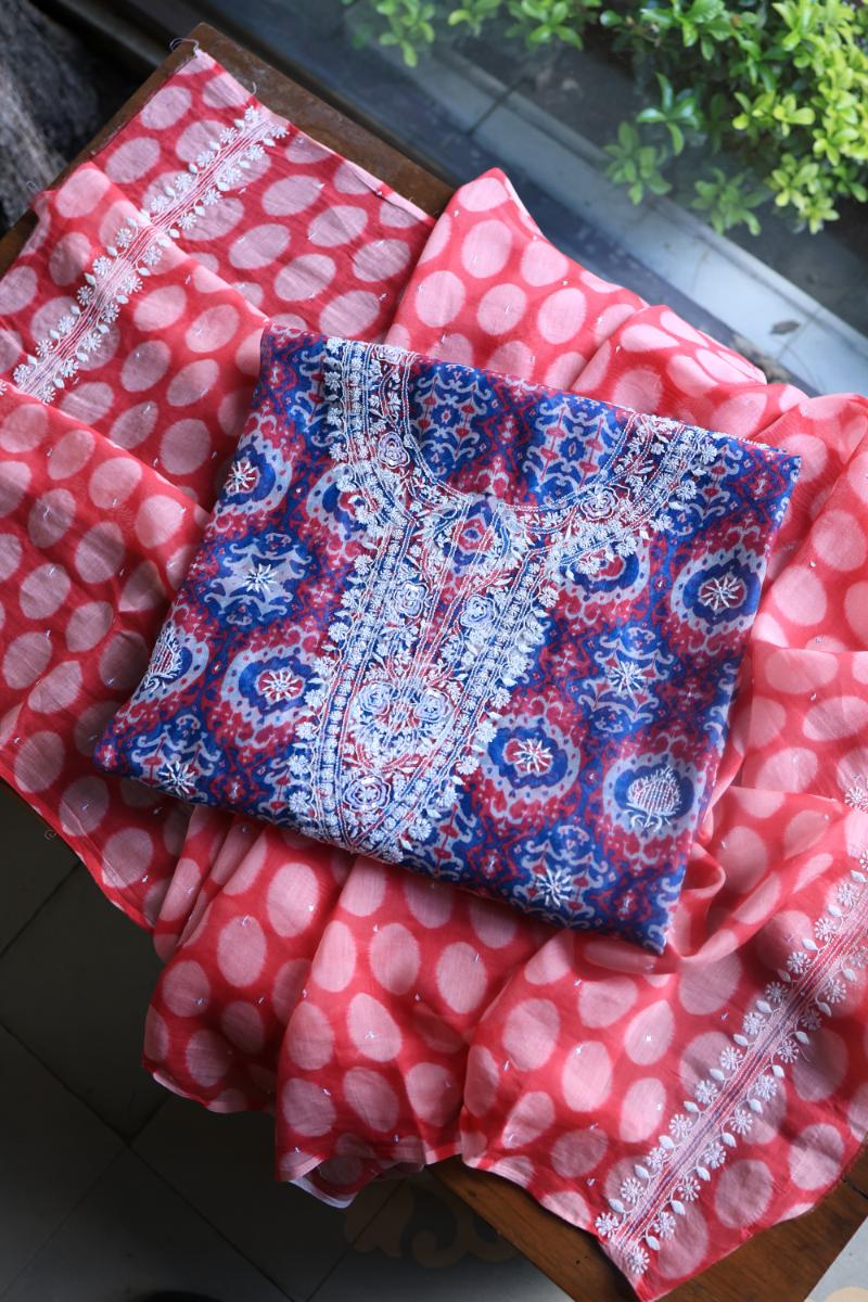 Blue & Pink Soft Cotton Printed Unstitched Kurta Dupatta Set with Chikankari & Sequin Work