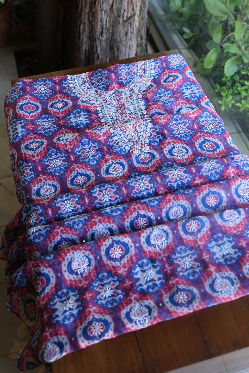 Blue & Pink Soft Cotton Printed Unstitched Kurta Dupatta Set with Chikankari & Sequin Work