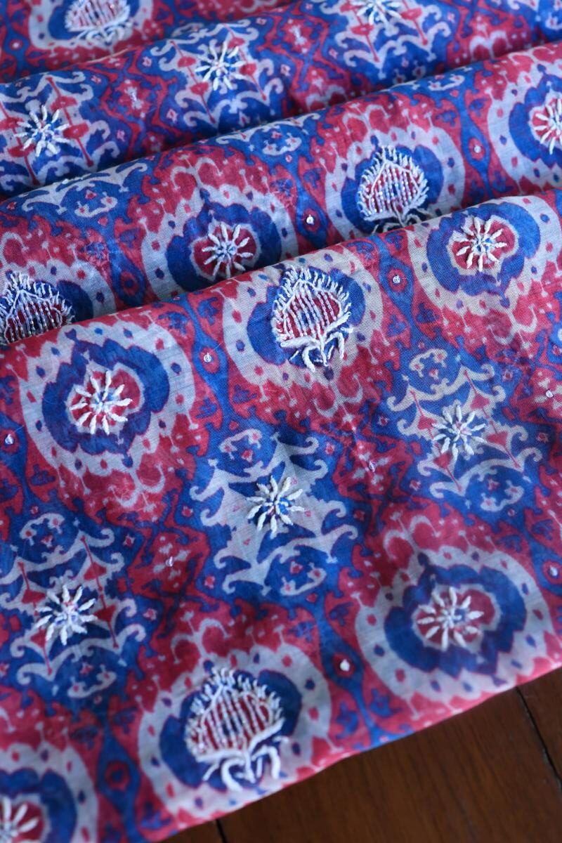 Blue & Pink Soft Cotton Printed Unstitched Kurta Dupatta Set with Chikankari & Sequin Work