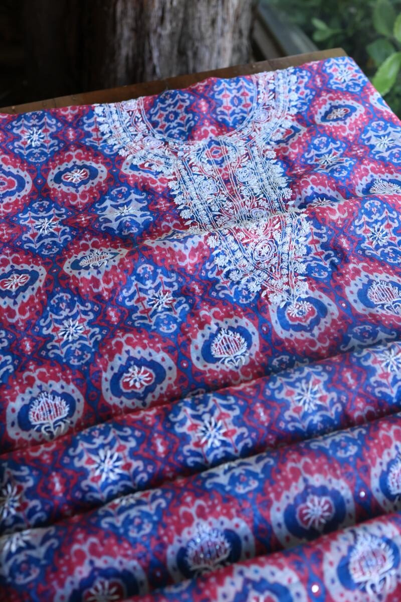 Blue & Pink Soft Cotton Printed Unstitched Kurta Dupatta Set with Chikankari & Sequin Work