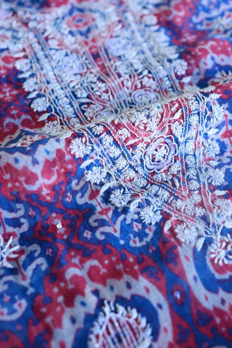Blue & Pink Soft Cotton Printed Unstitched Kurta Dupatta Set with Chikankari & Sequin Work