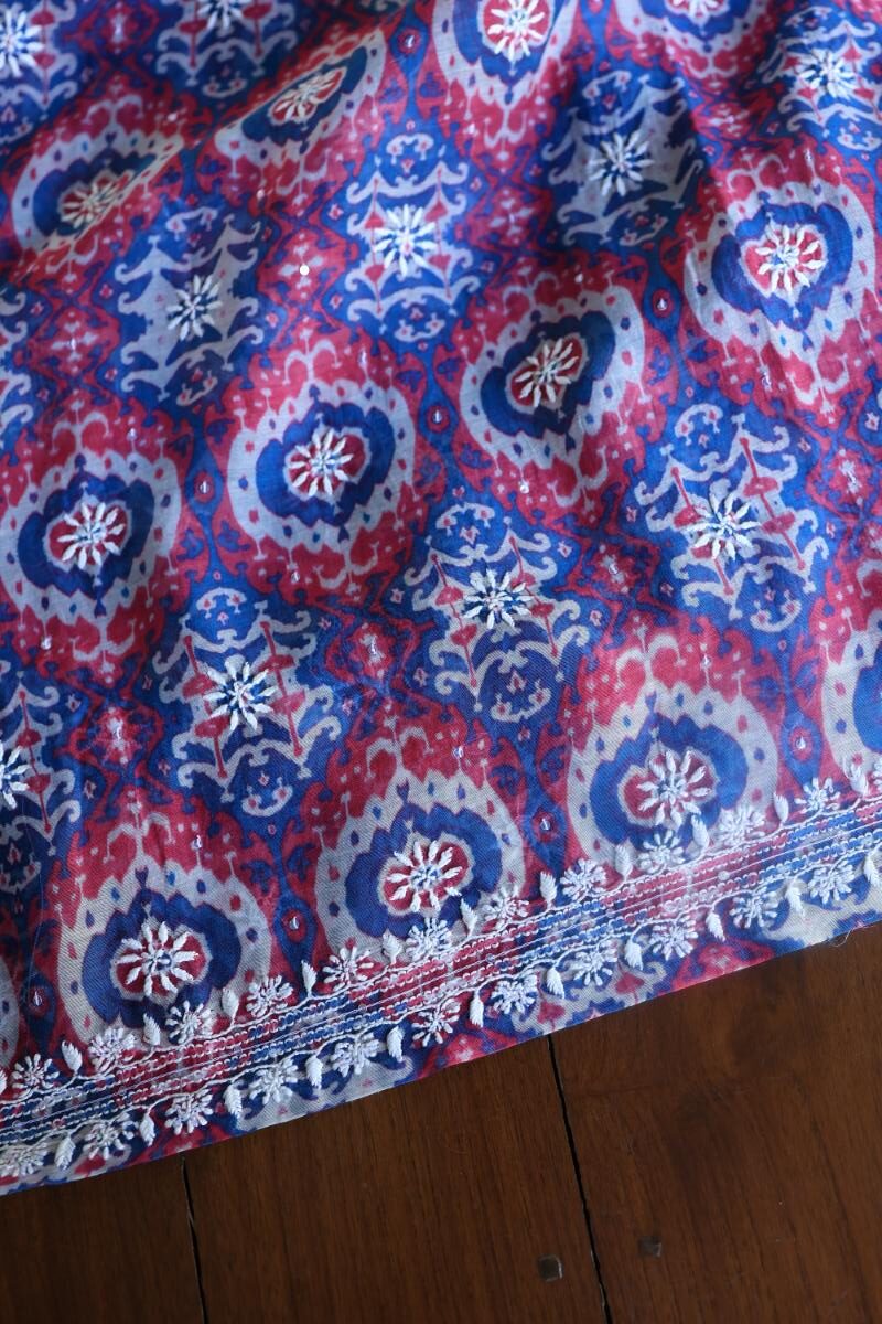 Blue & Pink Soft Cotton Printed Unstitched Kurta Dupatta Set with Chikankari & Sequin Work