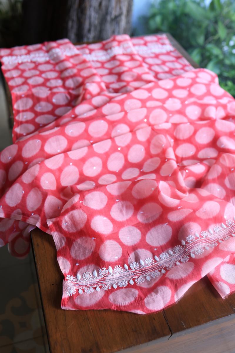 Blue & Pink Soft Cotton Printed Unstitched Kurta Dupatta Set with Chikankari & Sequin Work