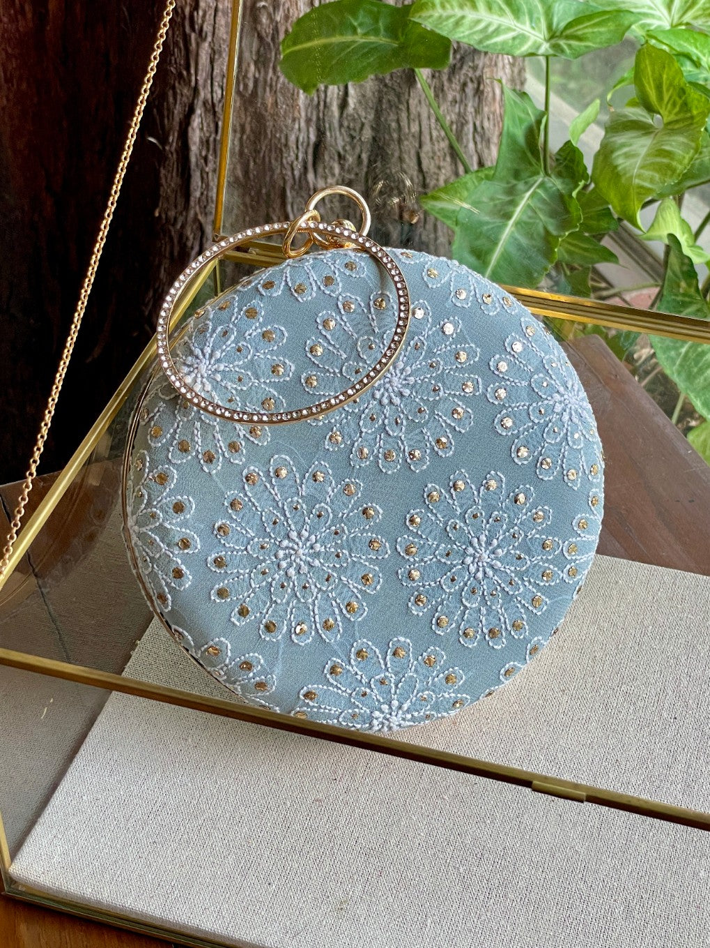 Blue Pure Georgette Mukaish Kamdani Sling Clutch