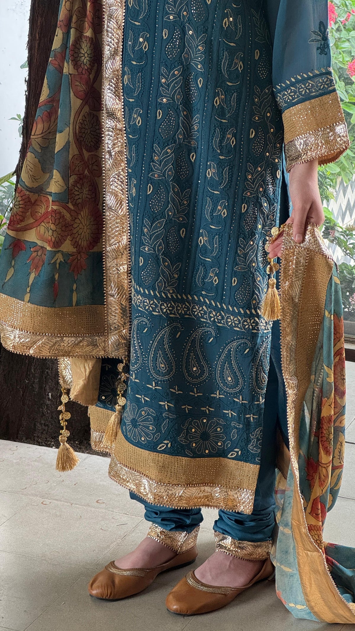 Blue Yellow Chikankari Pure Georgette Churidar Set with Kalamkari Dupatta