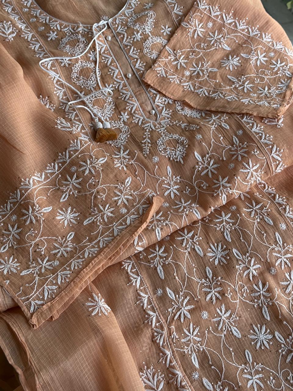 Blush Peach Shade Semi Stitched Kota Tepchi Chikankari Kurta Dupatta Set