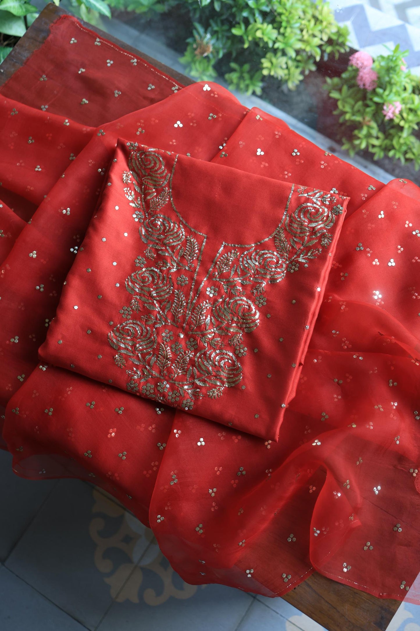 Brick Red Chanderi Silk Mukaish Badla Unstitched Fabric