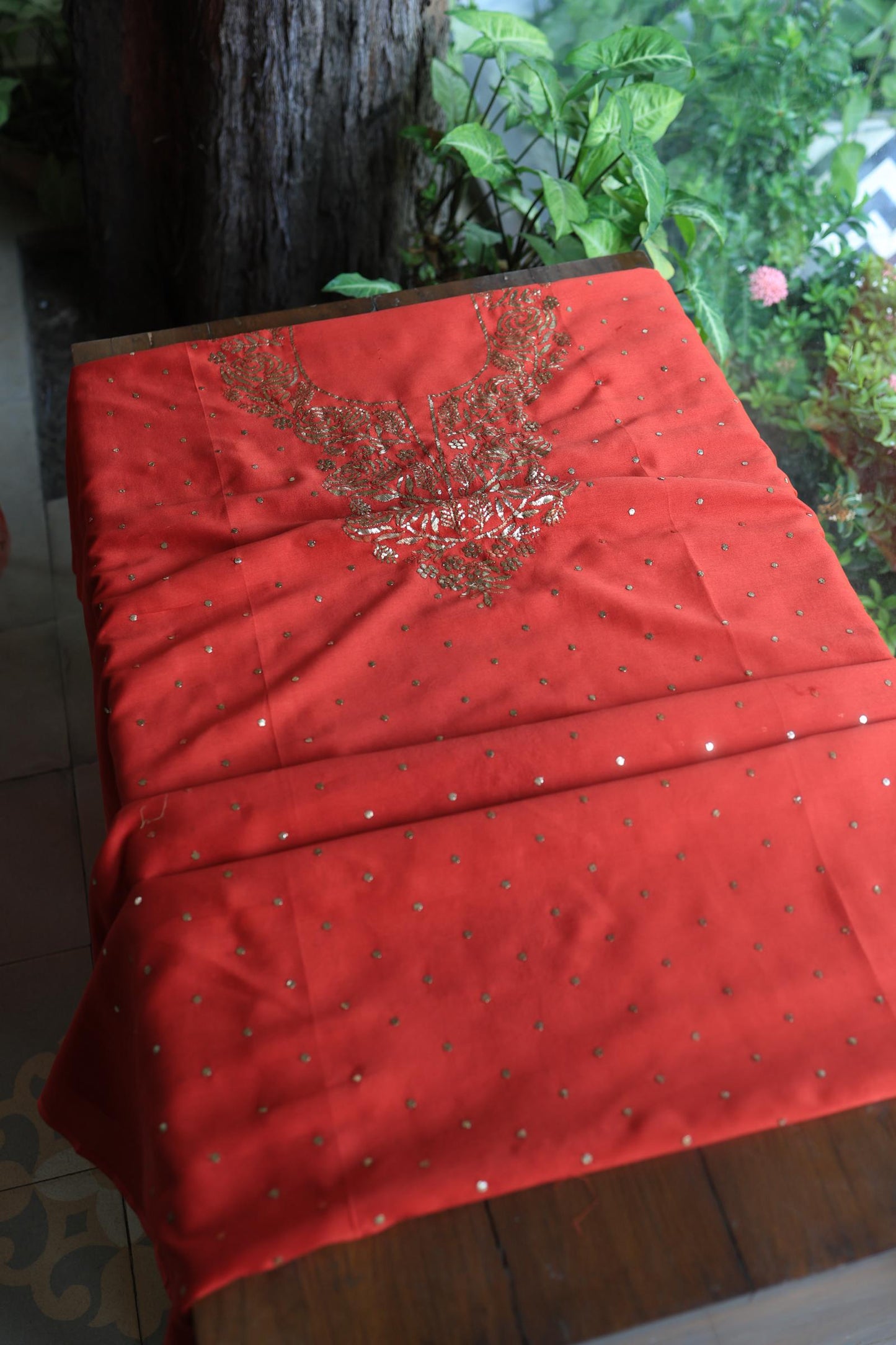 Brick Red Chanderi Silk Mukaish Badla Unstitched Fabric