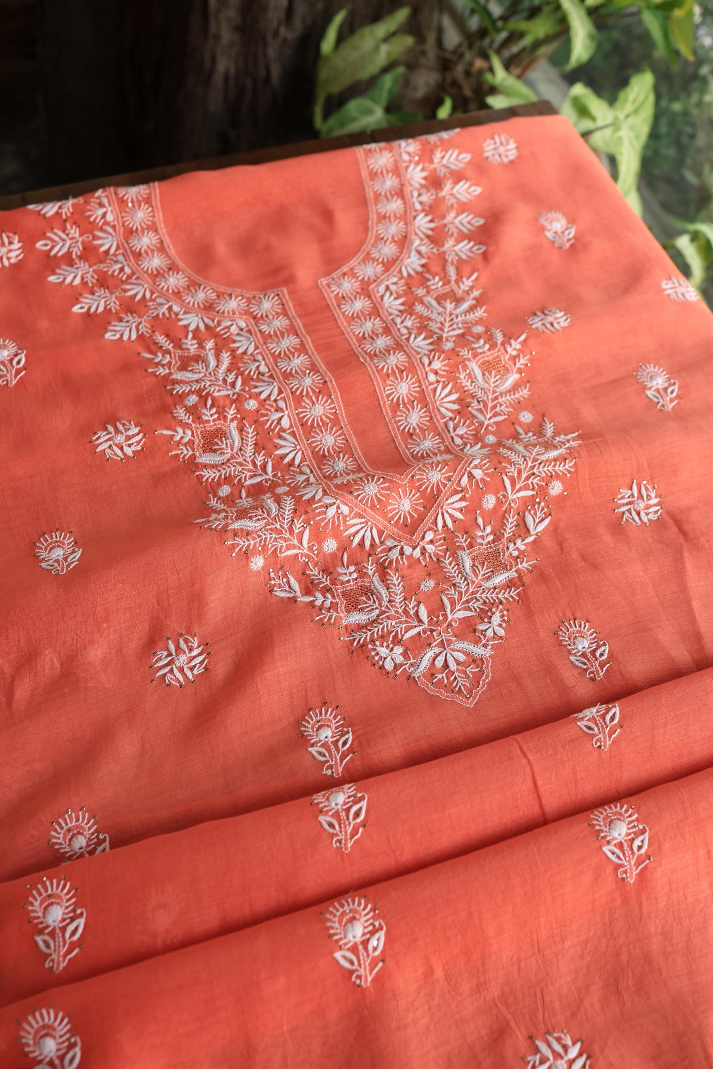 Brick Red Shade Mal Cotton Fine Chikankari Unstitched Fabric
