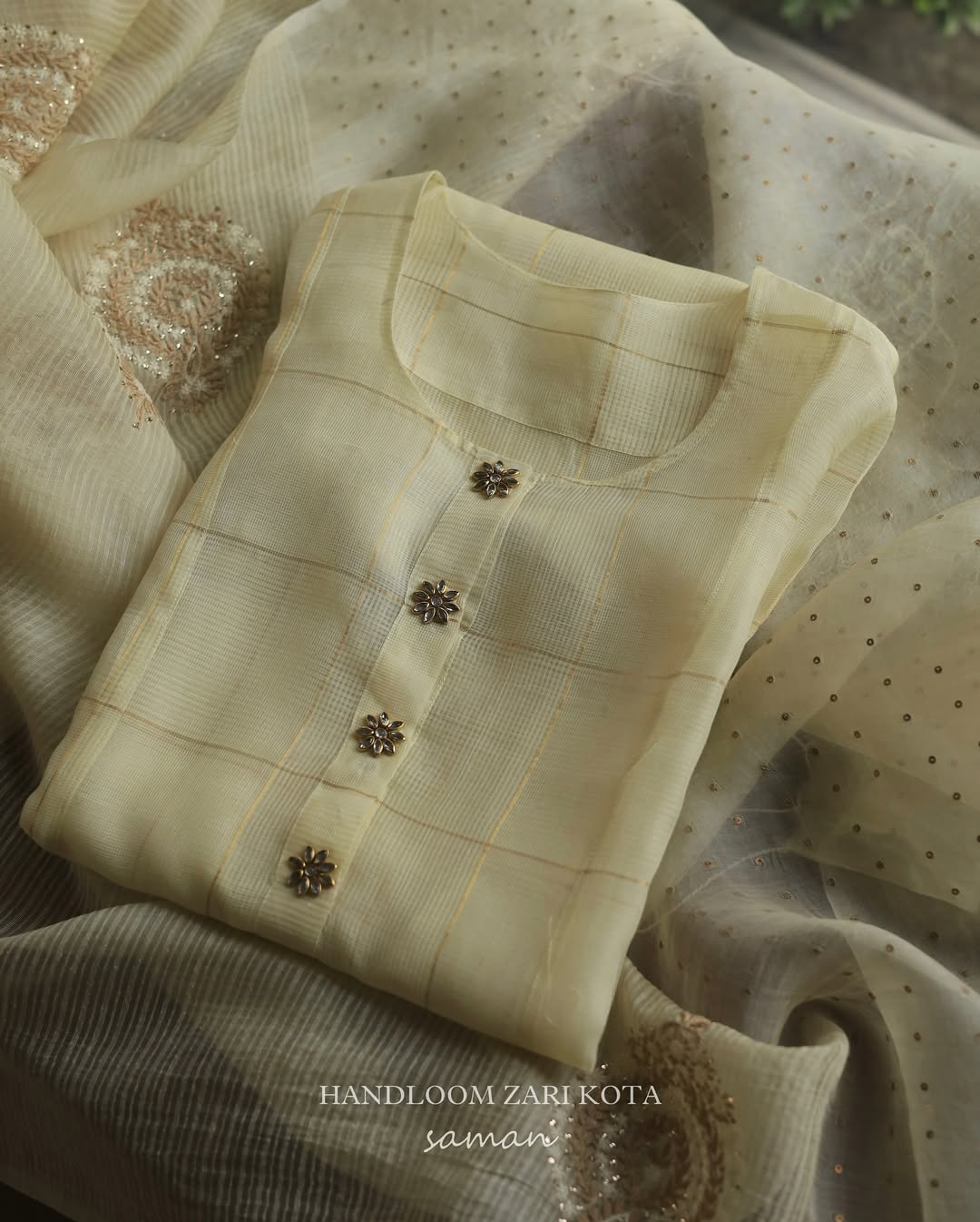 Butter Yellow Black Zari Kota Ready to Wear Kurta Set