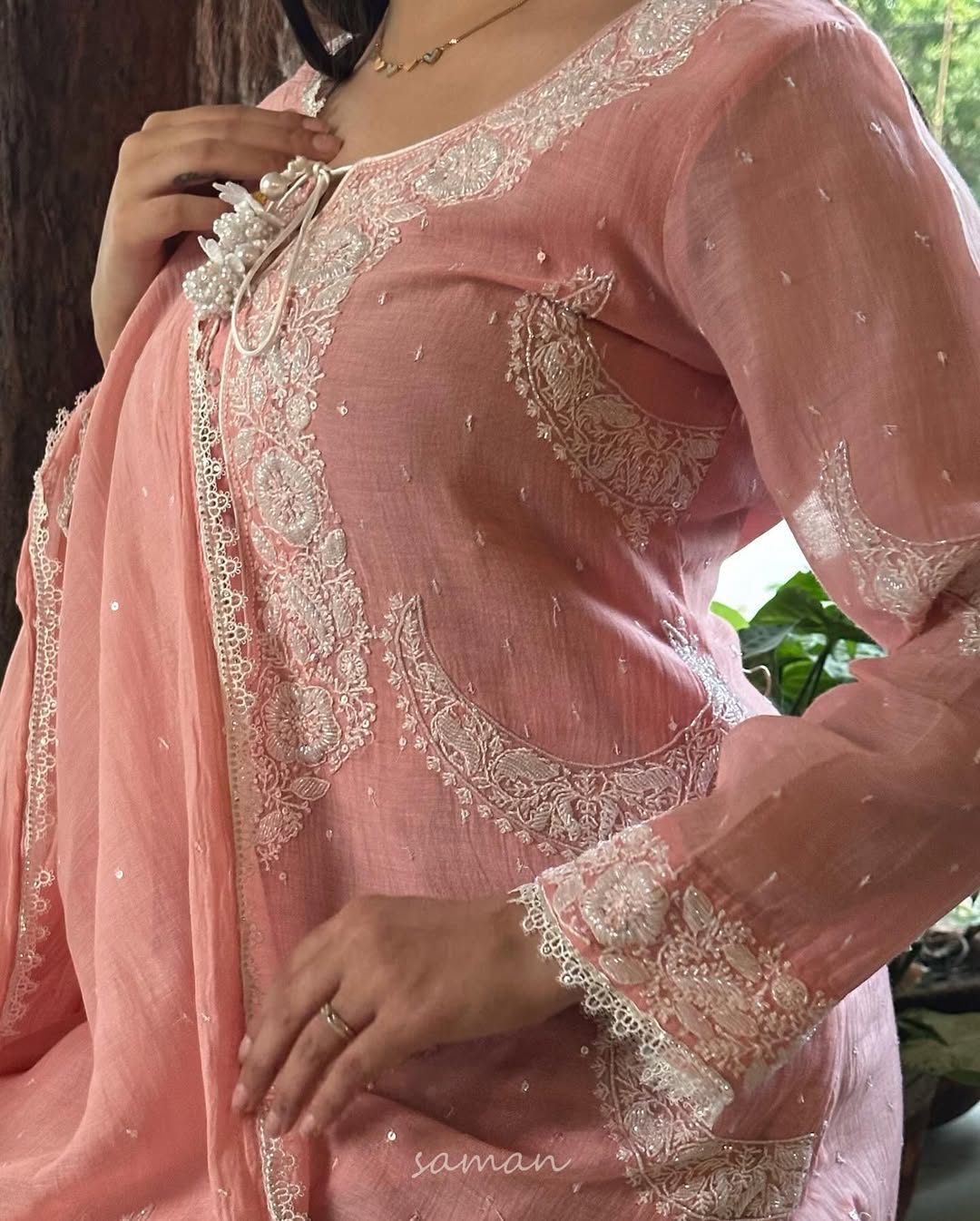 Peach Crescent Chandbala Chikankari Kurta Set