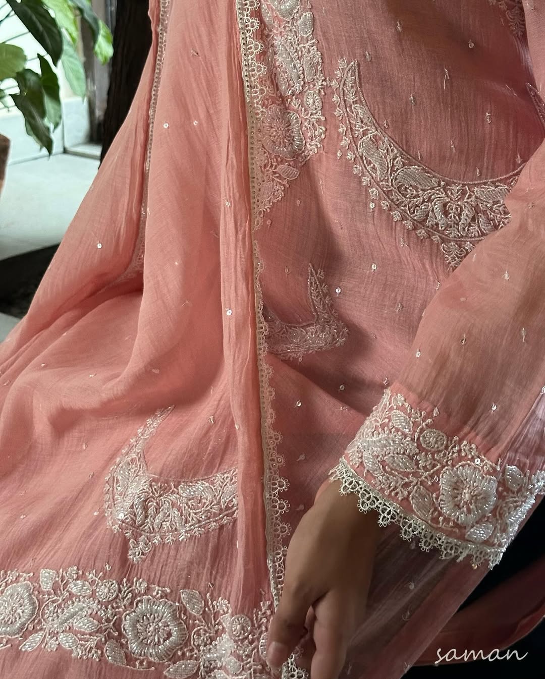 Peach Crescent Chandbala Chikankari Kurta Set