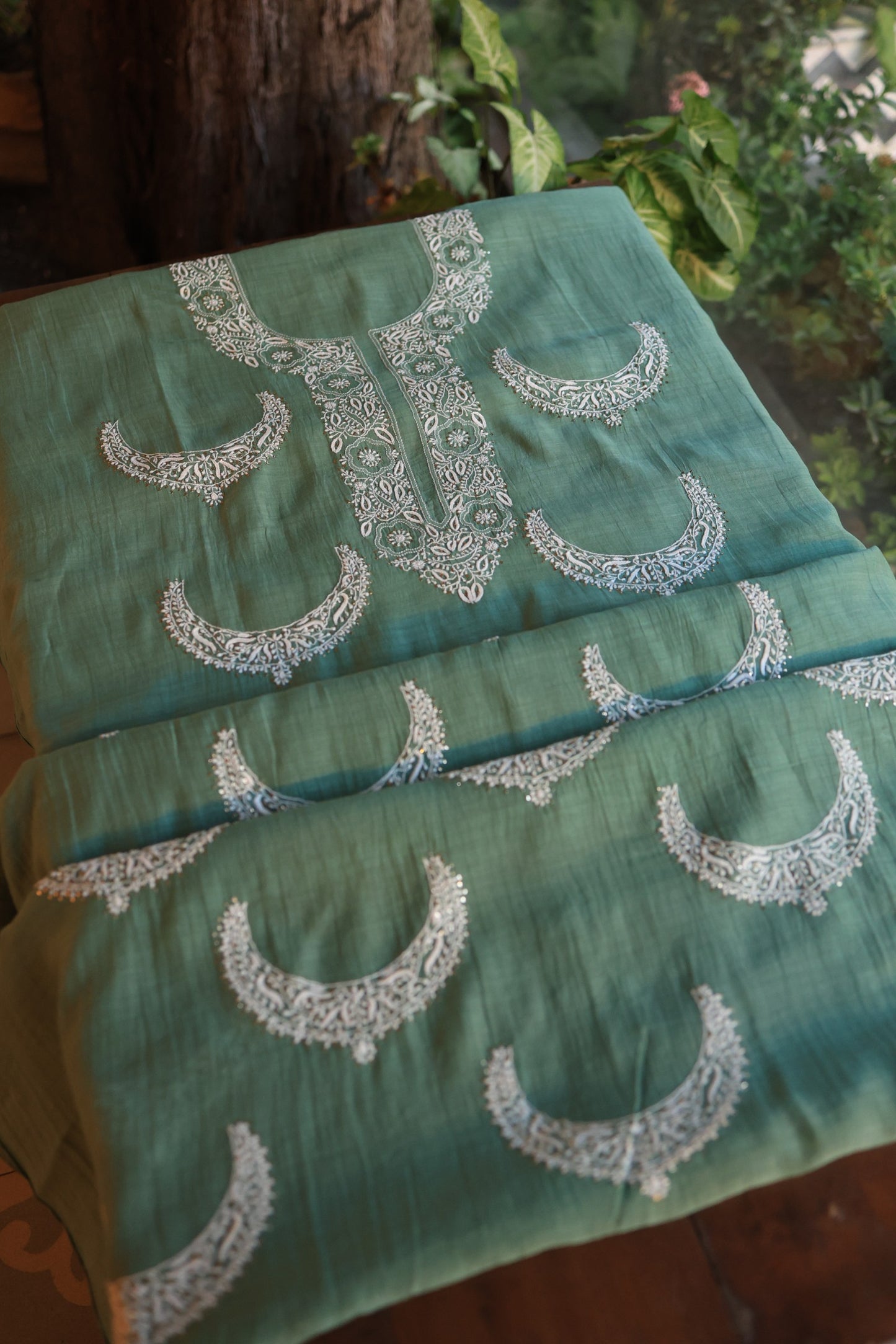 Cactus Green Crescent Chandbala Kamdani Chikankari Unstitched Fabric