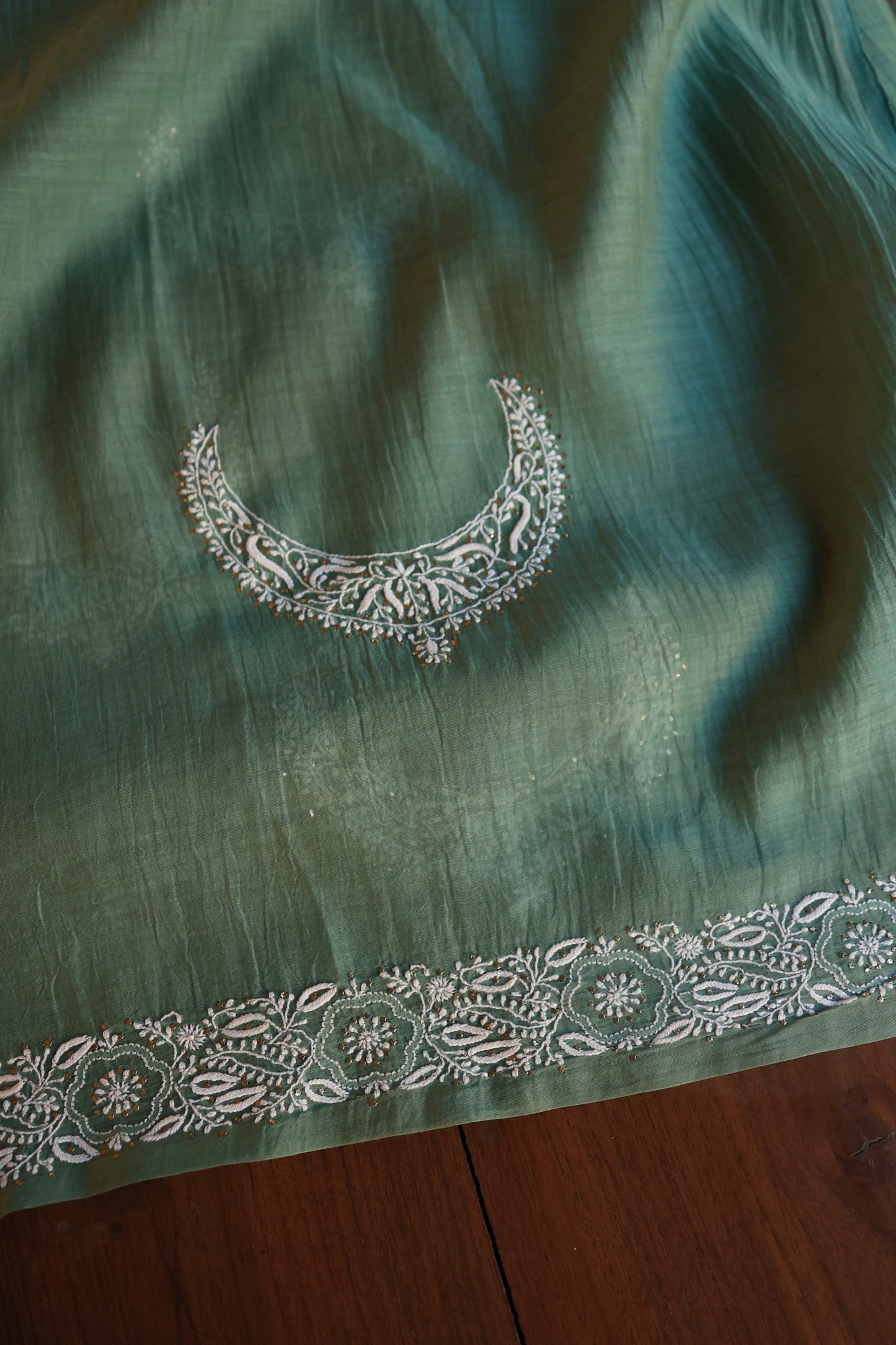 Cactus Green Crescent Chandbala Kamdani Chikankari Unstitched Fabric