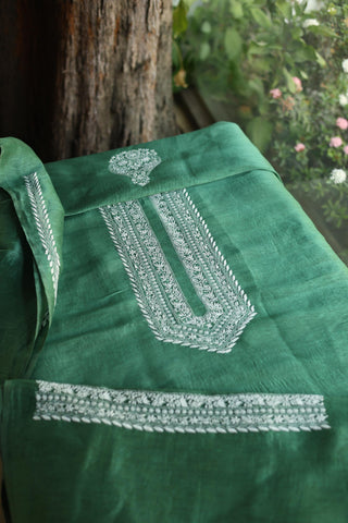 Cactus Green Shade Linen Chikankari Unstitched Men's Kurtas Fabric