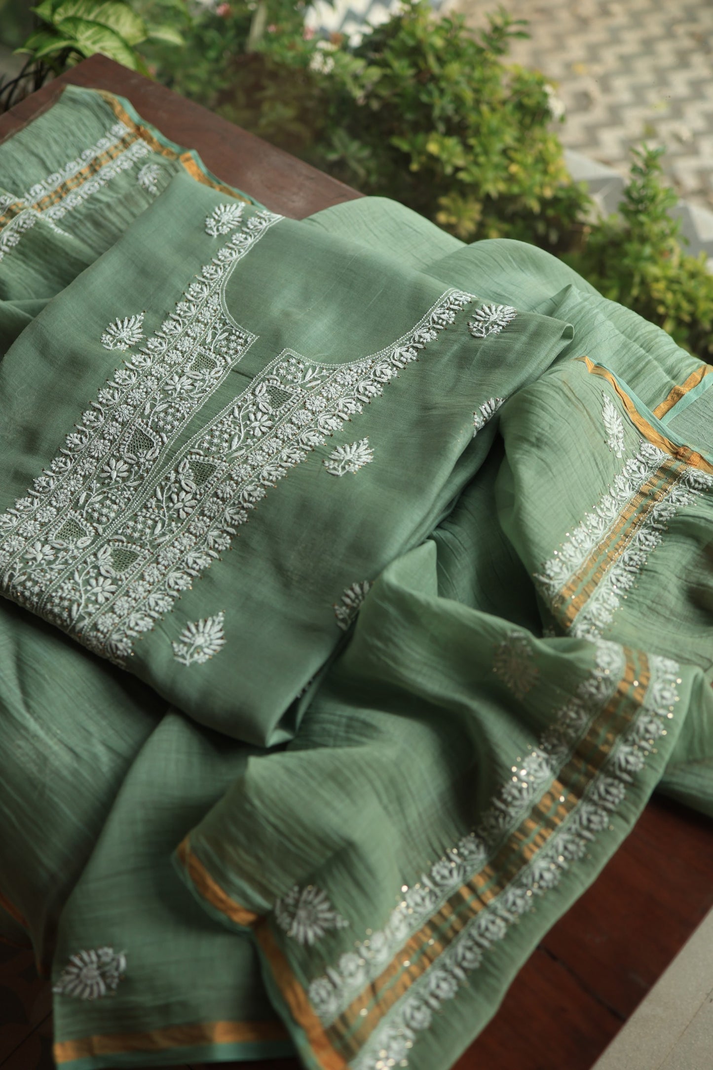 Cactus Green Shade Mal Cotton Chikankari Unstitched Fabrics With Kamdani