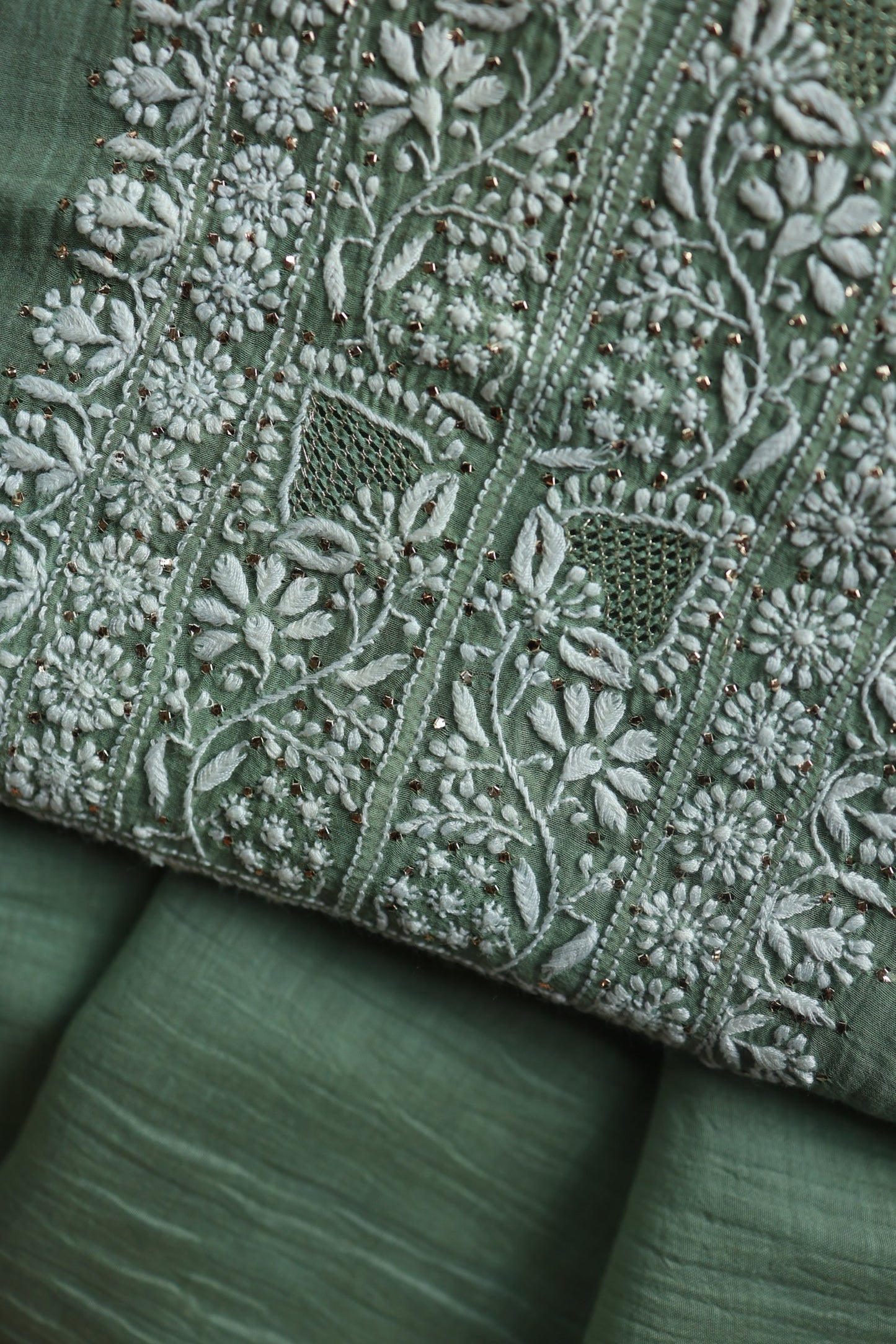 Cactus Green Shade Mal Cotton Chikankari Unstitched Fabrics With Kamdani