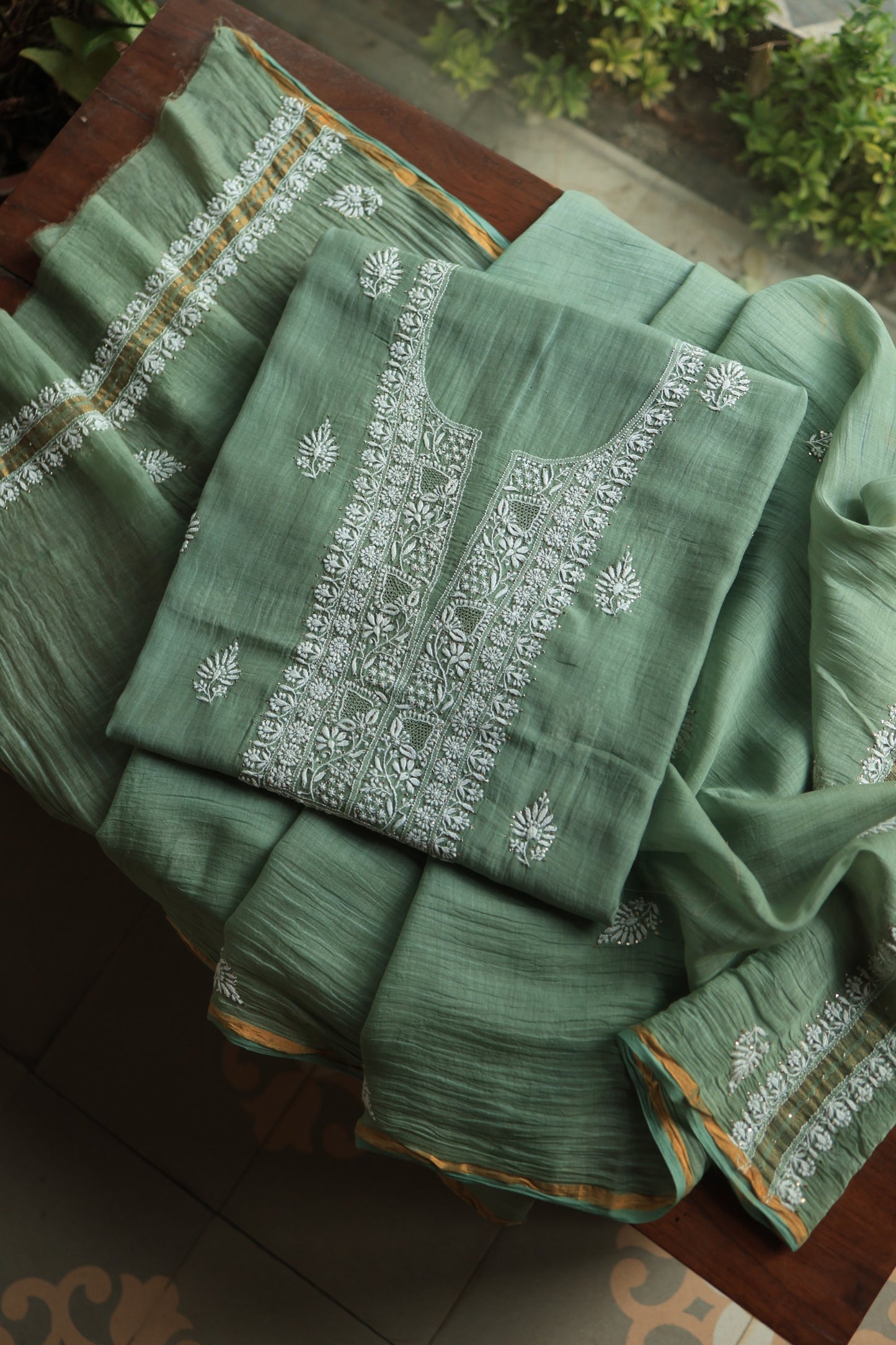 Cactus Green Shade Mal Cotton Chikankari Unstitched Fabrics With Kamdani
