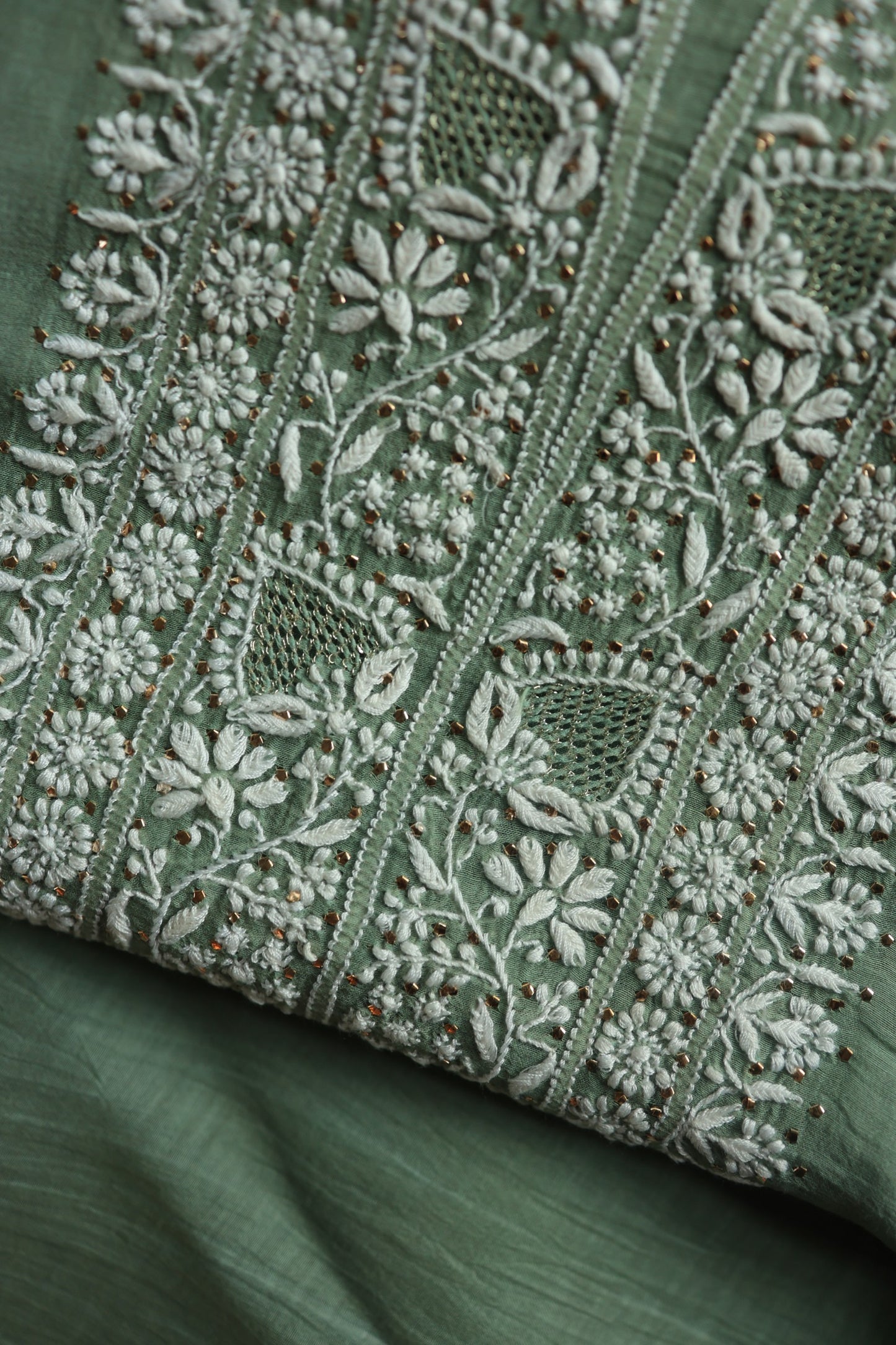 Cactus Green Shade Mal Cotton Chikankari Unstitched Fabrics With Kamdani